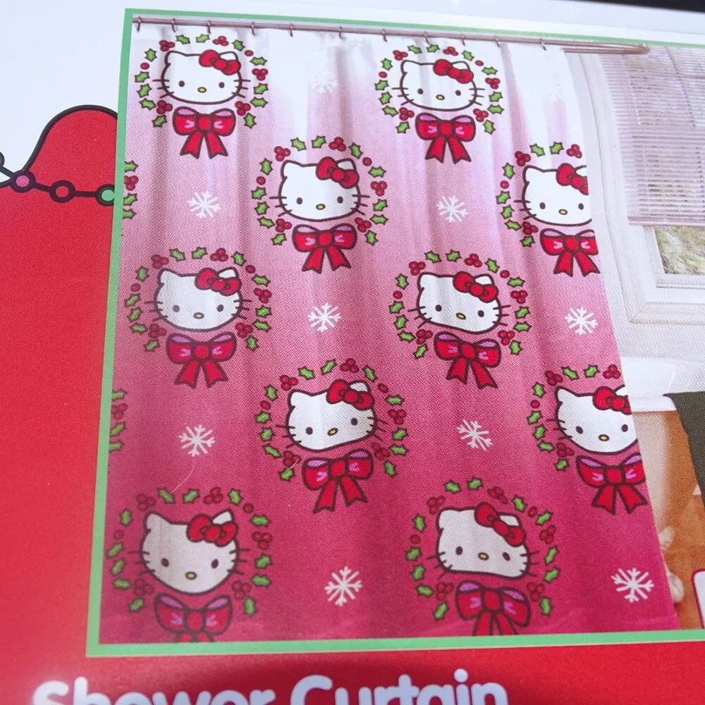 Hello Kitty Pink and Red Christmas shower Curtain With Matching Hooks